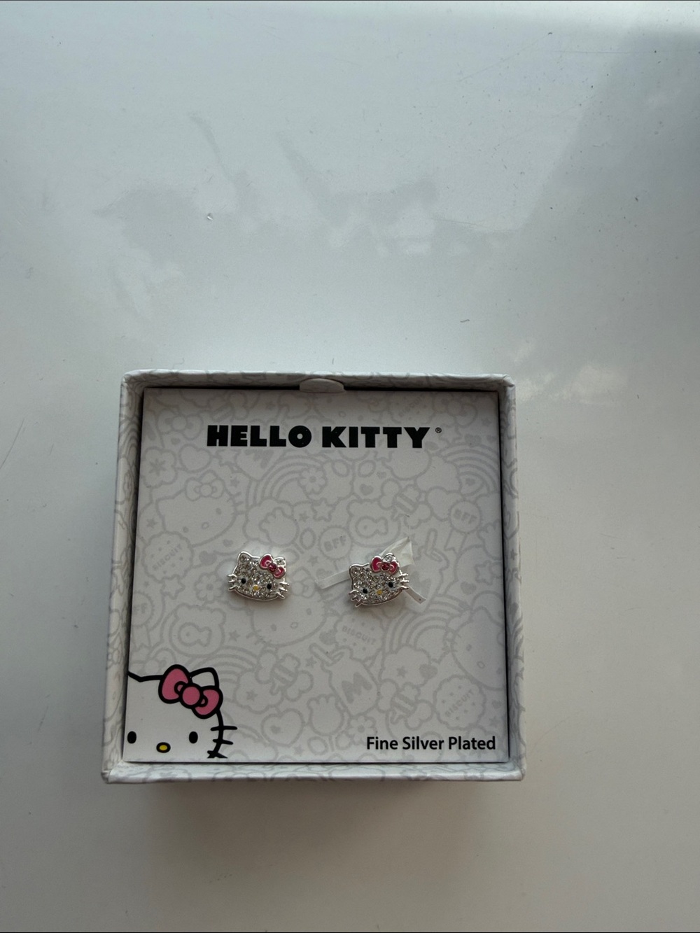 Hello Kitty Silver-Plated Crystal Face Stud Earrings with Pink Bows